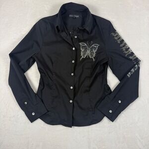 Y2K‎ Rhinestone Butterfly Shirt Goth Button Down Silver Dagger Medium